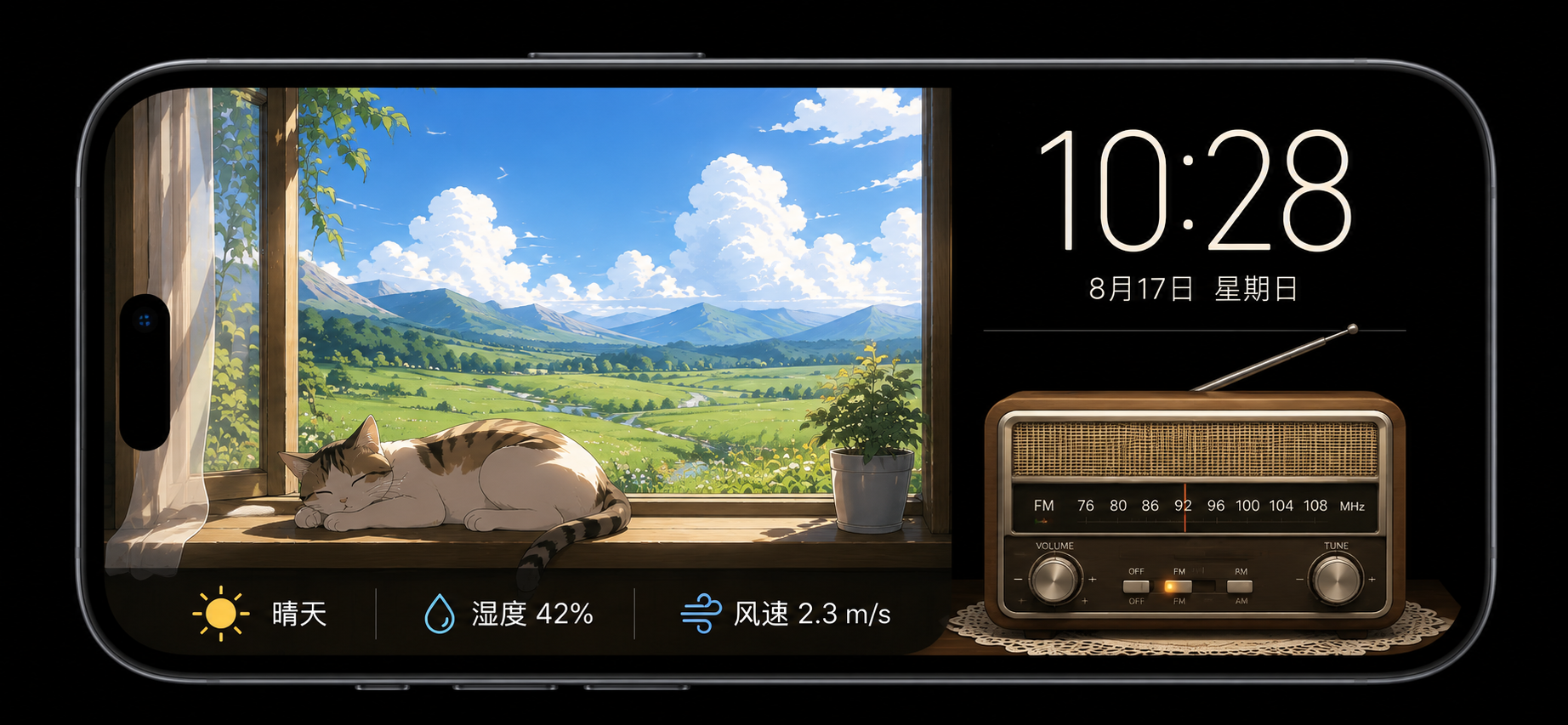 横放的 iPhone StandBy 概念界面，窗边睡着一只猫，窗外是晴朗的草原与远山，右侧显示时钟和复古收音机